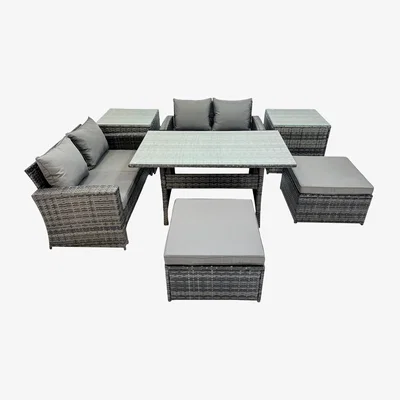 The Range Fimous 6 Seater Wicker PE Rattan Outdoor Dining Set with Double Seat Sofas and Stools. - Dark Grey Mixed