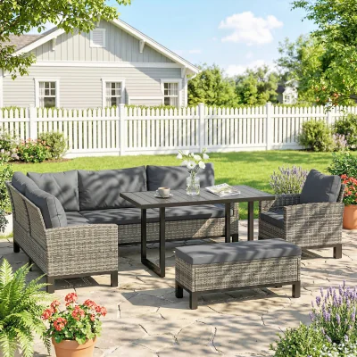The Range Outsunny Rattan Garden Furniture Sofa Set, Outdoor Dining Set for 9, Grey - Dark Grey
