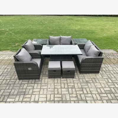 The Range Fimous PE Rattan 8-Seater Outdoor Dining Set with Height-Adjustable Table. - Dark Grey