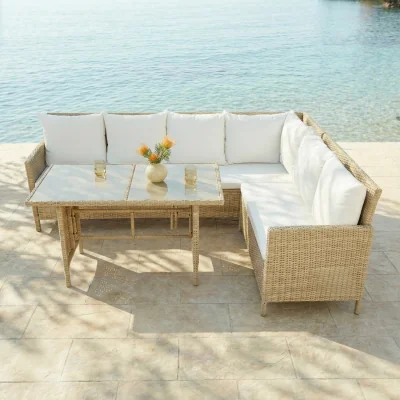 The Range Alia Rattan Garden Corner 6 Seater Dining Set  - Natural Borwn