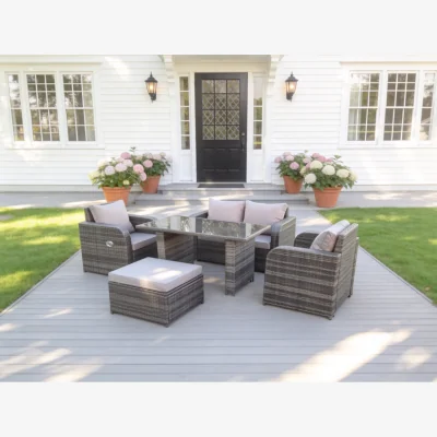 The Range Rattan Garden Furniture Set Oblong Black Glass Dining Table - Dark Grey Mixed