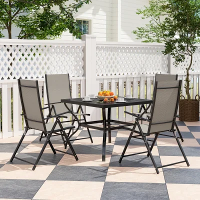 The Range Outsunny Garden Dining Set Metal Top Table and Folding Chairs - Khaki Five-piece / - 1 x Dining Table- 4 x Dining Chair- 1 x Manual