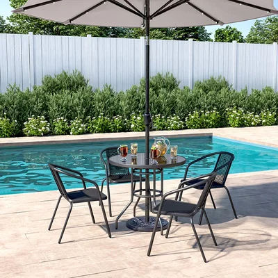 The Range Table and Chair with Umbrella Hole Bistro Set - Black / 4 Chairs + 1 Table