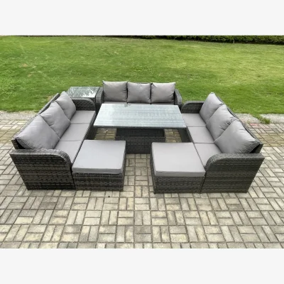 The Range Fimous 11-Seater Garden Rattan Dining Set with Adjustable Rising Table. - Dark Grey