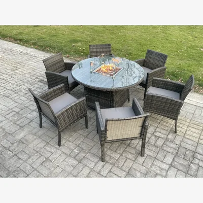 The Range Fimous Outdoor Rattan 6-Seater Dining Set with Gas Fire Pit Round Table Dark Grey Mixed - Dark Grey Mixed