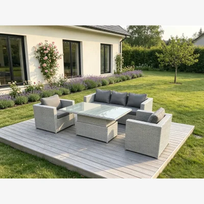 The Range Rattan Garden Funiture Set Height Adjustable Rising Lifting Table - Light Grey Mixed