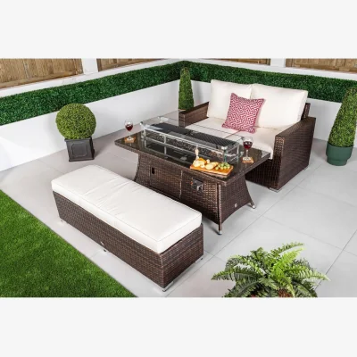 The Range Sydney Loveseat Sofa Rattan Garden Furniture Fire Pit Table Bench Set - Brown