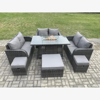 The Range Fimous 9-Seater Outdoor Rattan Dining Set with Gas Fire Pit Table Dark Grey Mixed. - Dark Grey