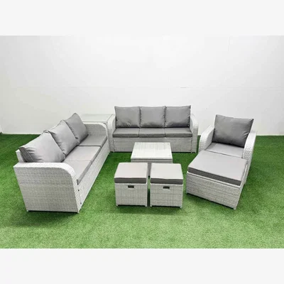 The Range Fimous 10-Seater Rattan Patio Set Reclining Light Grey - Light grey with dark grey fabric
