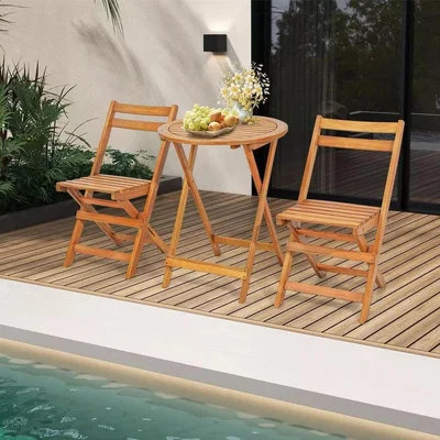 The Range Folding Patio Bistro Set Wooden Table and Chairs with Slatted Tabletop - Natural