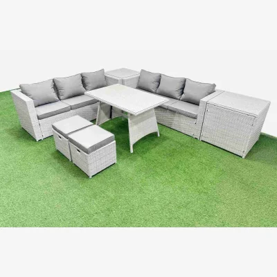 The Range Fimous Rattan Garden Furniture 8-Seater Patio Dining Set with Rectangular Table and Stools. - Light grey mixed rattan with dark grey fabric