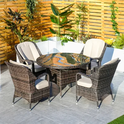 The Range Abrihome 4 Seater Round Garden Dining Table and Chairs Set with Glass Top - Brown