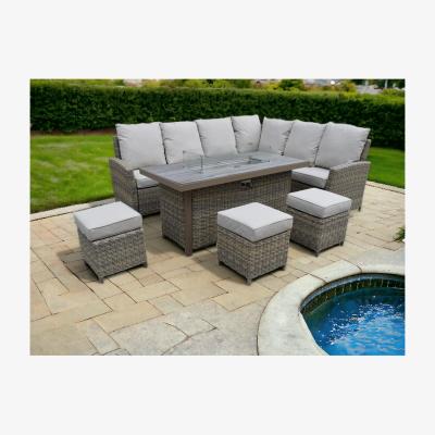 The Range Luxury Rattan 8-Seater Corner Set with Fire Pit Table in Sandstone - Sandstone