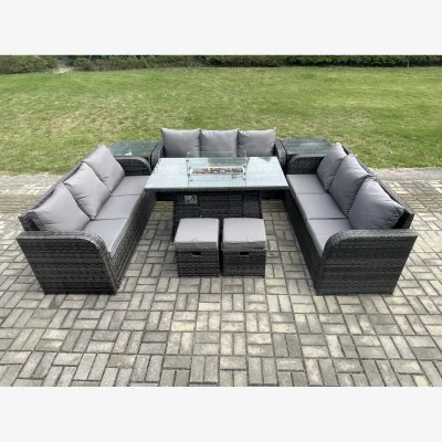 The Range Fimous Rattan Garden Dining Set with Gas Fire Pit, includes 3x 3-seat sofas - Dark Grey