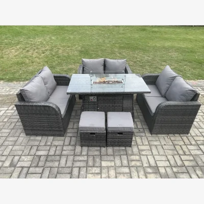 The Range Fimous 8-Seater Rattan Garden Dining Set with Gas Fire Pit Table, 3 Love Sofas and 2 Footstools. - Dark Grey