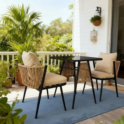 The Range Valena Black Metal and Woven PE Rattan 3 Piece Bistro Set - Black & Natural