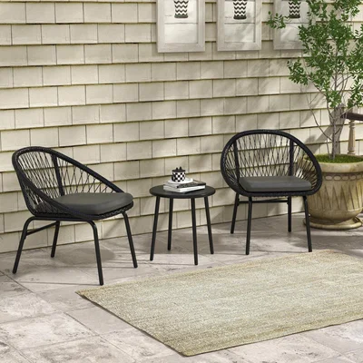 The Range 3 Pieces Outdoor Round PE Rattan Bistro Set with Cushions - Black
