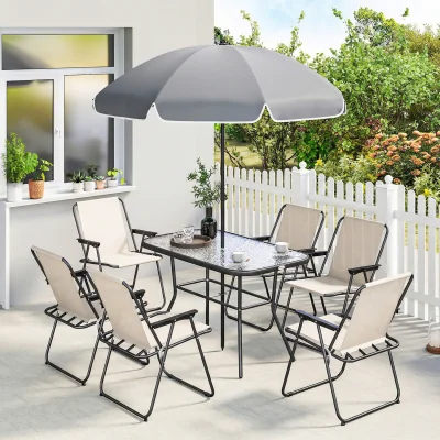 The Range Outsunny 8 Piece Garden Dining Set with Six Folding Chairs and Umbrella - Cream