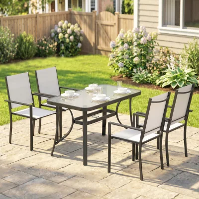 The Range Outsunny Garden Dining Set with Umbrella Hole, Stackable Chairs, Light Grey - Light Grey