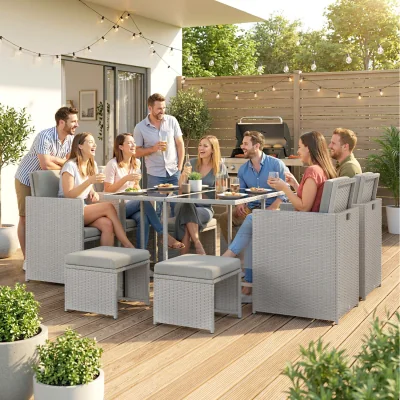 The Range Outsunny 9PC Rattan Garden Furniture Outdoor Patio Dining Table Set - Light Grey