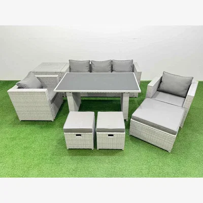 The Range Fimous Light Grey 9-Seater PE Rattan Garden Furniture Set with Black Tempered Glass Table. - Light grey mixed rattan with dark grey fabric