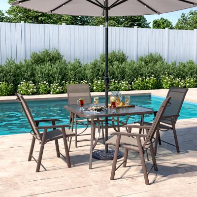 The Range Outdoor Glass Table Bistro Set - Brown / Square / 4 x Folding Chairs; 1 x Table