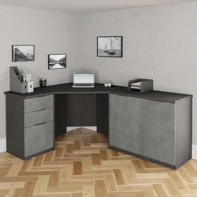 The Range Lardale Corner Desk with Storage and Filing Cabinet - Smoked Oak
