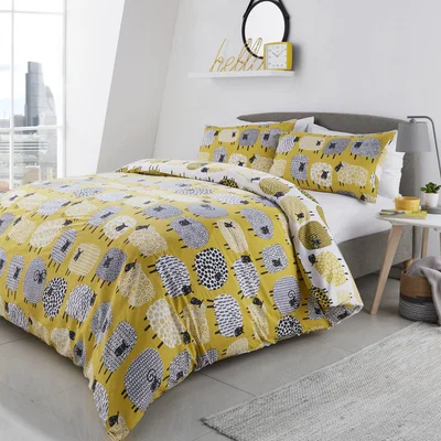 Dunelm Fusion Dotty Sheep Yellow Duvet Cover and Pillowcase Set Yellow, Black and White