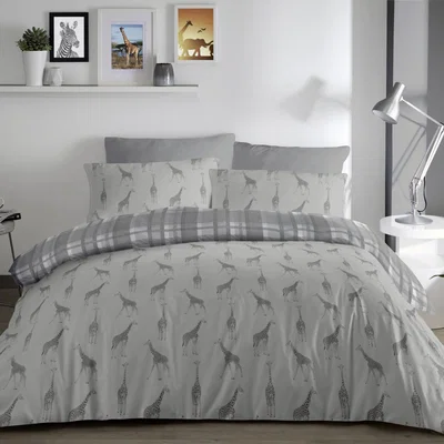 Dunelm Fusion Giraffe Reversible Duvet Cover and Pillowcase Set Grey, Black and White