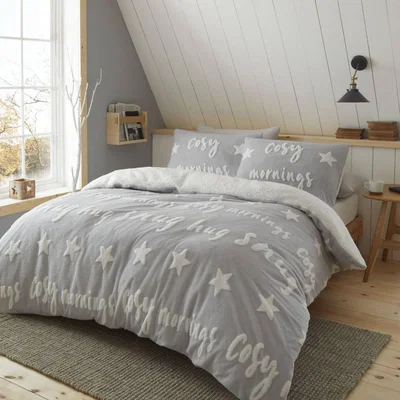 Dunelm Catherine Lansfield Grey Cosy Tufted Fleece Duvet Cover and Pillowcase Set Grey