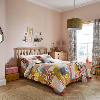 Dunelm Clarissa Hulse Ginkgo Patchwork Pink and Mustard 100% Cotton Reversible Duvet Cover and Pillowcase Set MultiColoured