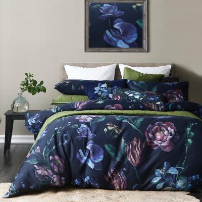 Dunelm Avery Green Sinama Floral Navy 100% Cotton Sateen Duvet Cover and Pillowcase Set Navy (Blue)