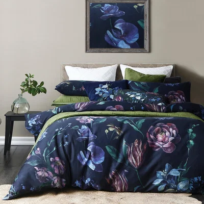 Dunelm Avery Green Sinama Floral Navy 100% Cotton Sateen Duvet Cover and Pillowcase Set Navy (Blue)