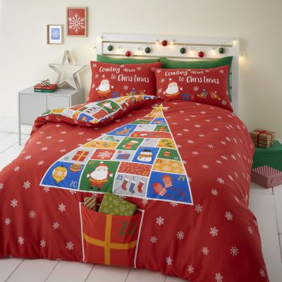 Dunelm Catherine Lansfield Countdown to Christmas Red Duvet Cover and Pillowcase Set MultiColoured