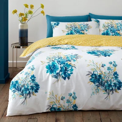 Dunelm Emmeline Floral Reversible Duvet Cover and Pillowcase Set Light Blue