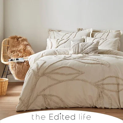 Dunelm Tufted Leaf Sandstone 100% Organic Cotton Duvet Cover and Pillowcase Set Sandstone (Brown)