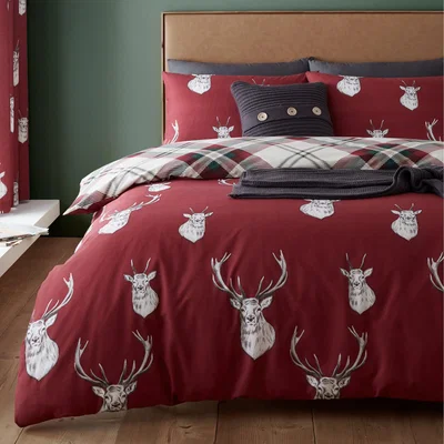 Dunelm Catherine Lansfield Munro Stag Reversible Duvet Cover and Pillowcase Set Red and White
