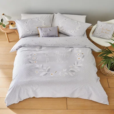 Dunelm Catherine Lansfield Grey Bee Happy Duvet Cover and Pillowcase Set Light Grey