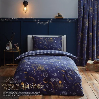 Dunelm Harry Potter Hogwarts Glow in The Dark Duvet Cover and Pillowcase Set Light Blue