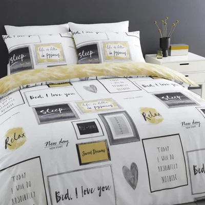 Dunelm Catherine Lansfield Sleep Dreams Ochre Reversible Duvet Cover and Pillowcase Set Black and white