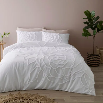 Dunelm Talia White Tufted 100% Cotton Duvet Cover and Pillowcase Set White
