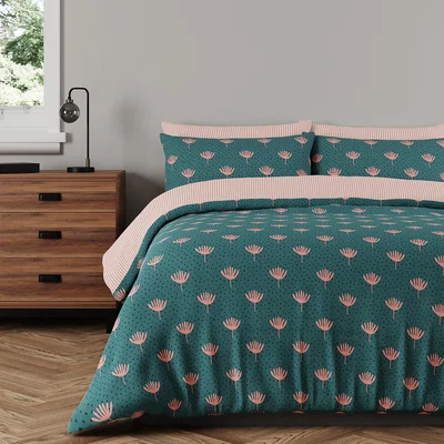 Dunelm Jessa Floral 100% Cotton Reversible Duvet Cover and Pillowcase Set Dark Green