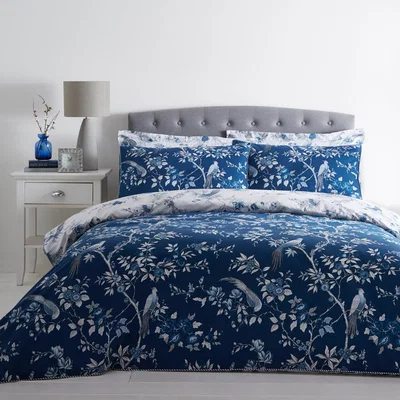 Dunelm Oriental Bird Blue Duvet Cover and Pillowcase Set Blue