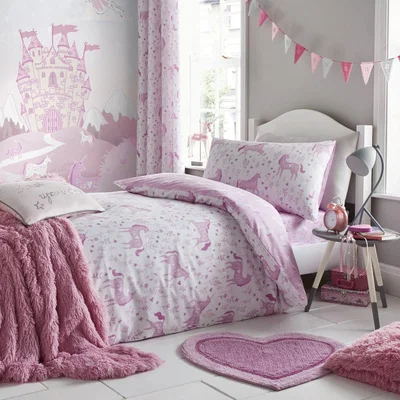 Dunelm Catherine Lansfield Folk Unicorn Pink Duvet Cover and Pillowcase Set Pink