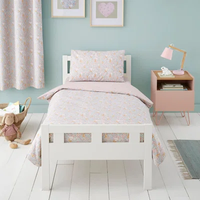 Dunelm Ditsy Bunny Pink 100% Cotton Reversible Cot Bed Duvet Cover and Pillowcase Set Light Pink