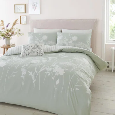 Dunelm Catherine Lansfield Meadowsweet Floral Green Reversible Duvet Cover and Pillowcase Set Sage (Green)