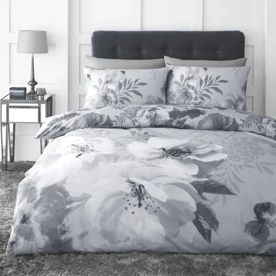 Dunelm Catherine Lansfield Dramatic Floral Silver Reversible Duvet Cover and Pillowcase Set Silver