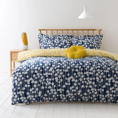 Dunelm Elements Margo Navy Duvet Cover and Pillowcase Set Navy, White and Yellow