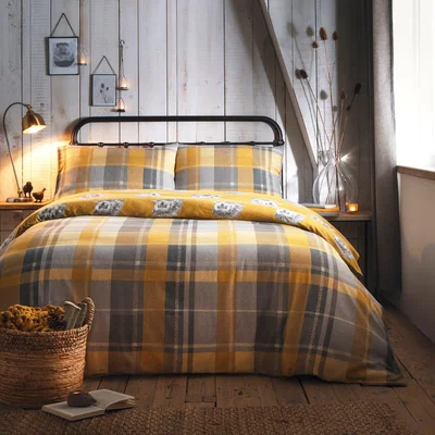 Dunelm Colville Yellow Checked 100% Brushed Cotton Duvet Cover and Pillowcase Set Yellow, Grey and White