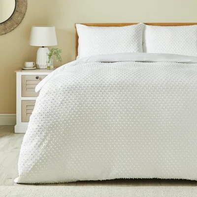 Dunelm Kenza Clipped Dot Jacquard White Duvet Cover and Pillowcase Set White